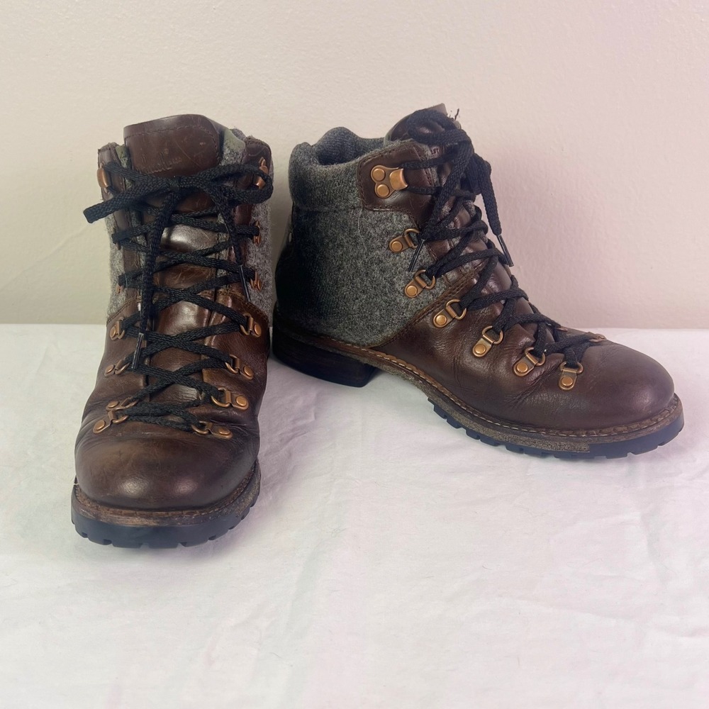 Woolrich "Rockies" Hiking Boots 9 Brown Grey Leather Wool Lace Up Lug Sole